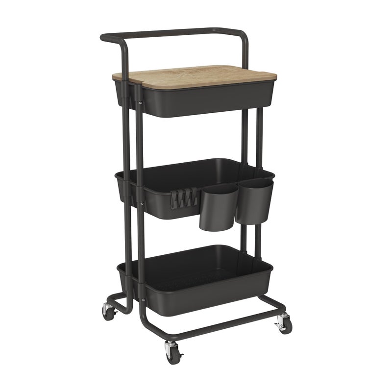 DTK 3 Tier Rolling Cart Uility Cart with Cover Board, Mobile Storage Cart with Wheels, Cups, Hooks for Office Utility Kitchen Bathroom Homeschool Art Craft Postpartum Teacher Cart Organizer(Black) - Image 1